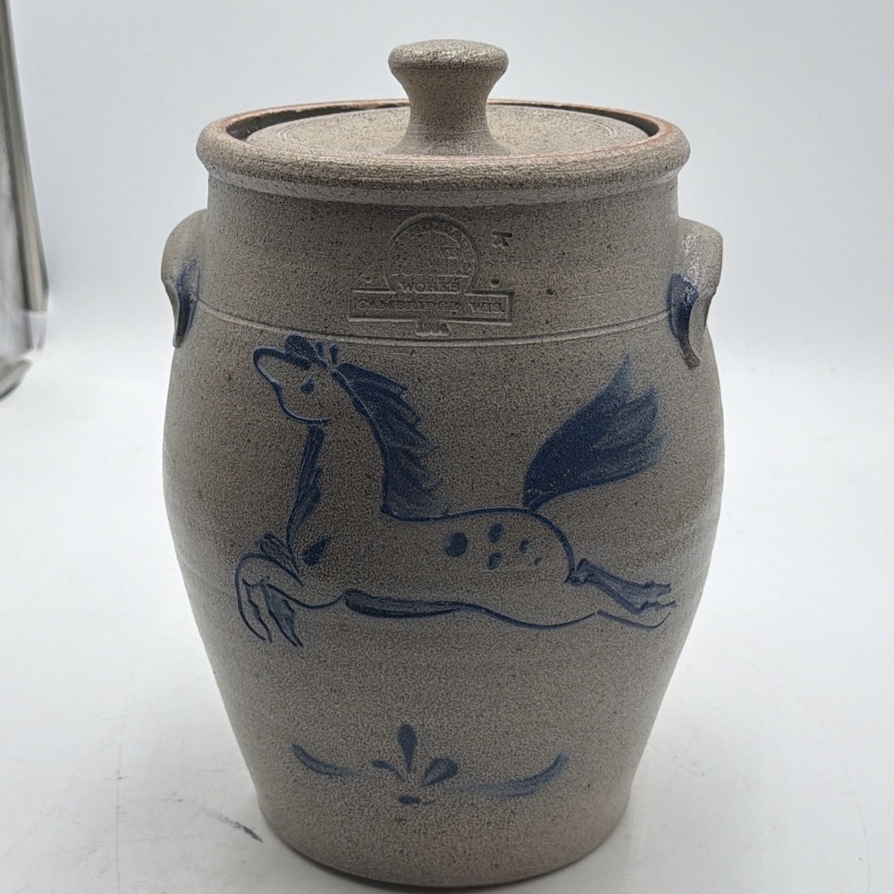 Vintage Rowe Pottery 1984 Salt Glaze Stoneware Crock Blue Horse 12"